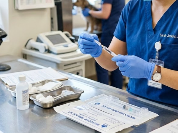 Veterinarian preparing a sterile animal microchip syringe for subcutaneous implantation in a clinic setting Veterinarian preparing a sterile animal microchip syringe for subcutaneous implantation in a clinic setting