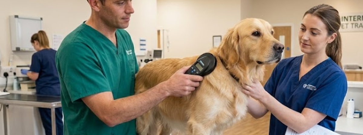 Dog receiving a mandatory microchip scan at a veterinary clinic to comply with international travel regulations Dog receiving a mandatory microchip scan at a veterinary clinic to comply with international travel regulations